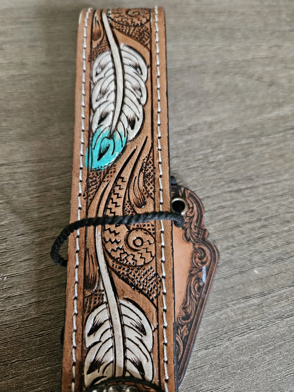 Handcrafted Brown Leather Feather Wristlet Keychain with Turquoise Accent-NWT